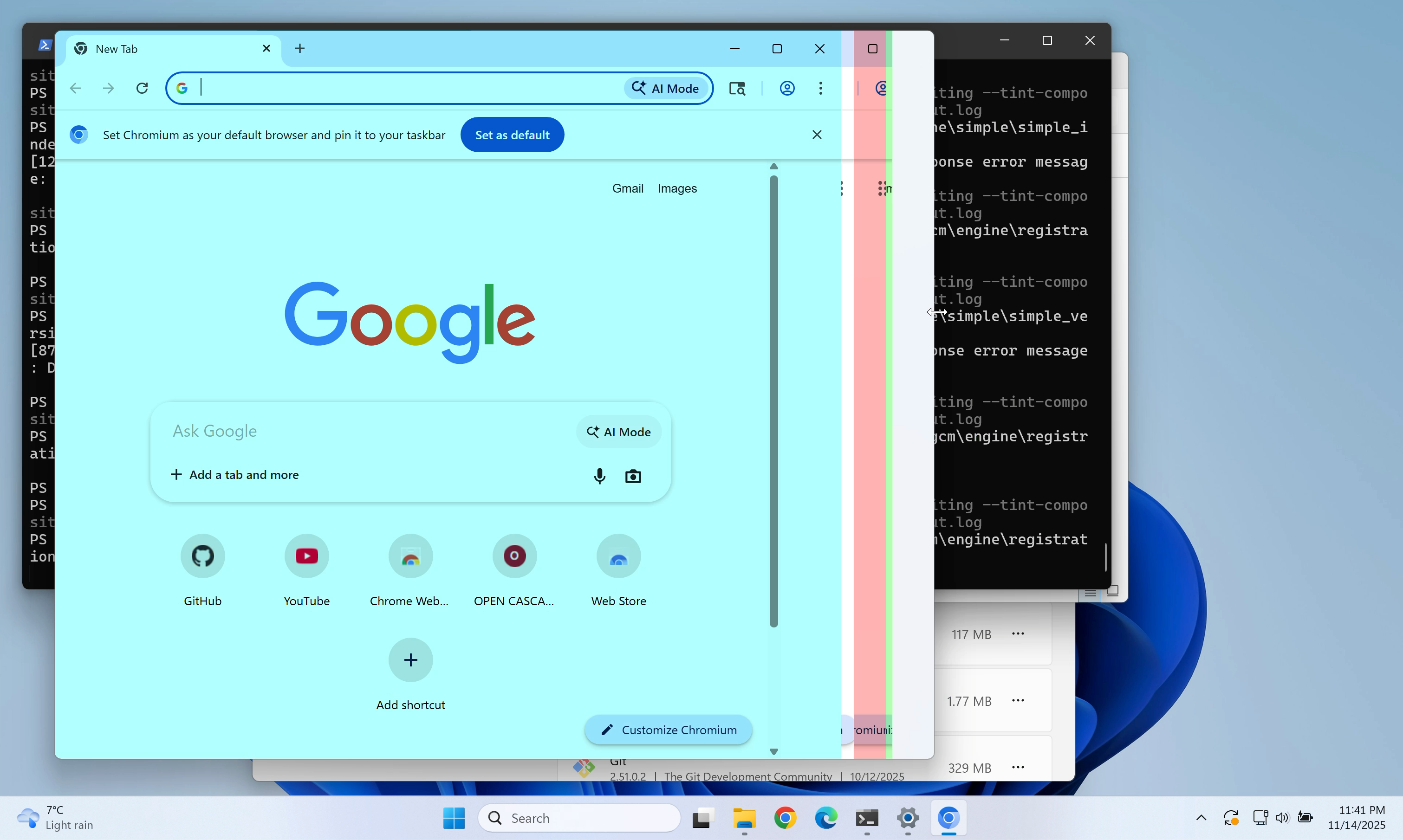 Screenshot of Chromium with the --tint-composited-content flag